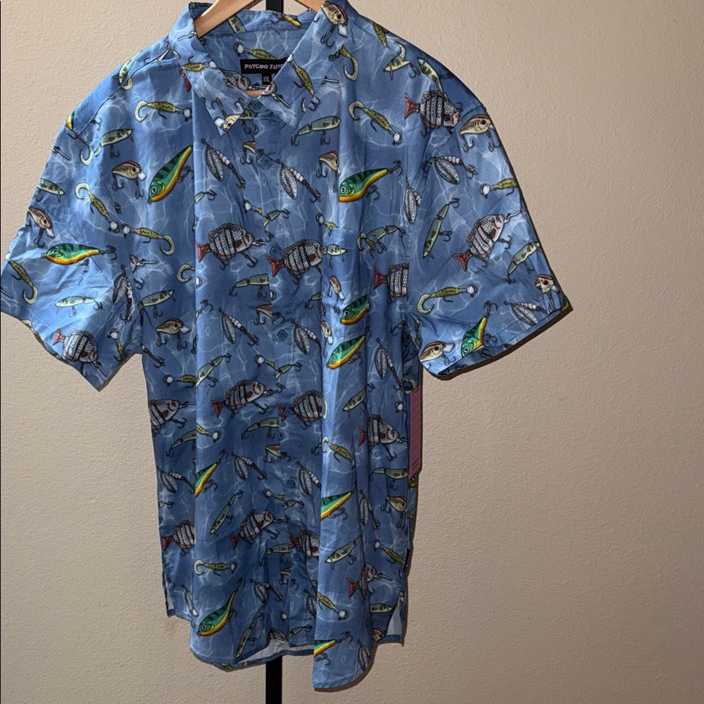 Psycho Tuna Lure Fish Print Casual Hawaiian Shirt Vallarta Blue Men’s Size XXL
